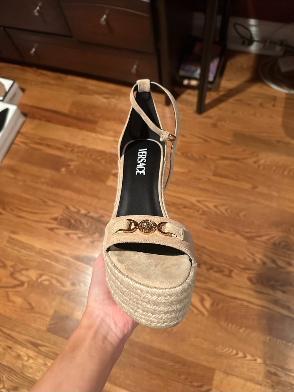 Versace Medusa '95 Suede Espadrille Wedge Sandal Beige US 9